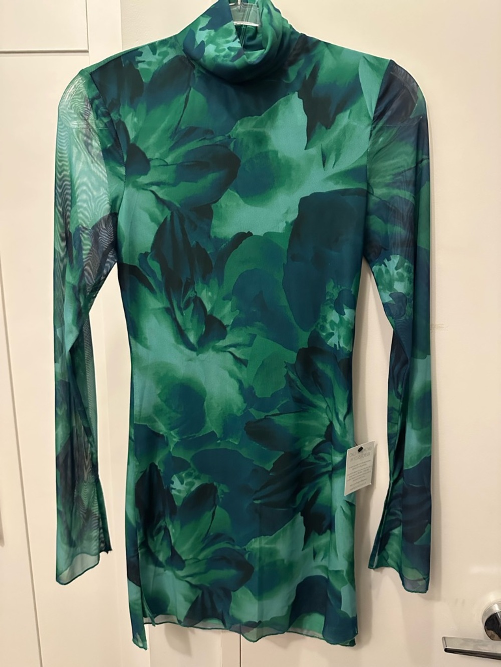 Green Floral Mesh Turtleneck Mini Dress